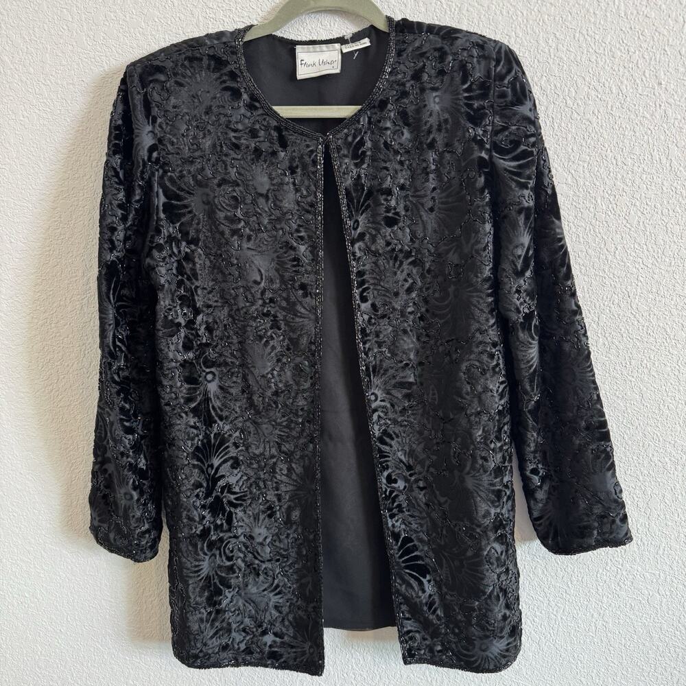 Frank‎ Usher Size Small Black Velvet Burnout Beaded Open Jacket Black Tie Party